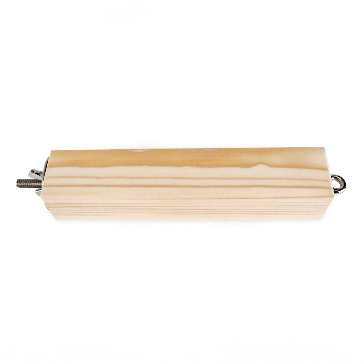 A square shaped natural wood perch with stainless steel attachments and a eye hook for hanging an additional toy.