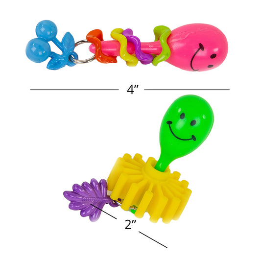 Colorful toy with measurements of 4 " long by 2 " wide on a white background.