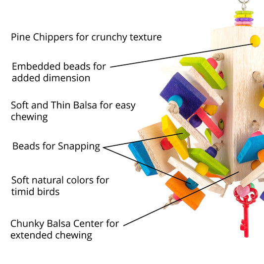 Wooden bird toy with colorful beads and labels describing its features