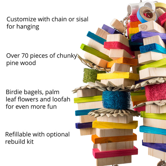 Colorful wooden bird toy featuring 70 pieces of chunky pine wood, birdie bagels and loofah. Optional refill kit available.