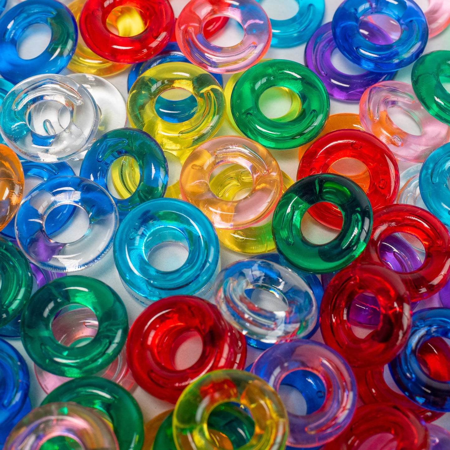 100 Pack of 5/8" (16 mm) Transparent Donut Beads - Bird Toy Part, Assorted Colors