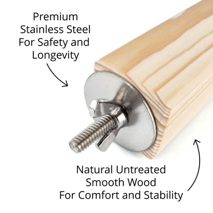 Text explaining that the perch featured stainless steel hardware and natural untreated wood.