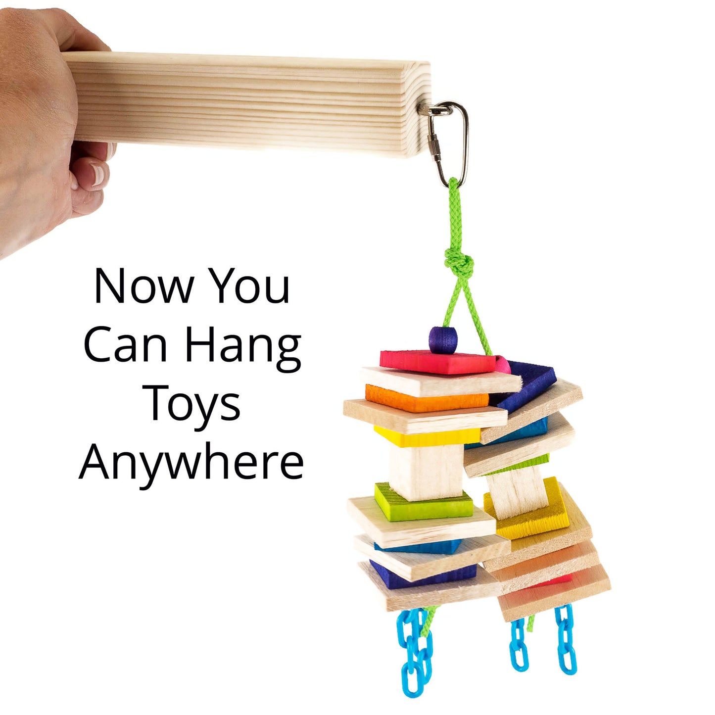 Perch with a toy attached to the included eye hook. Toy not included.