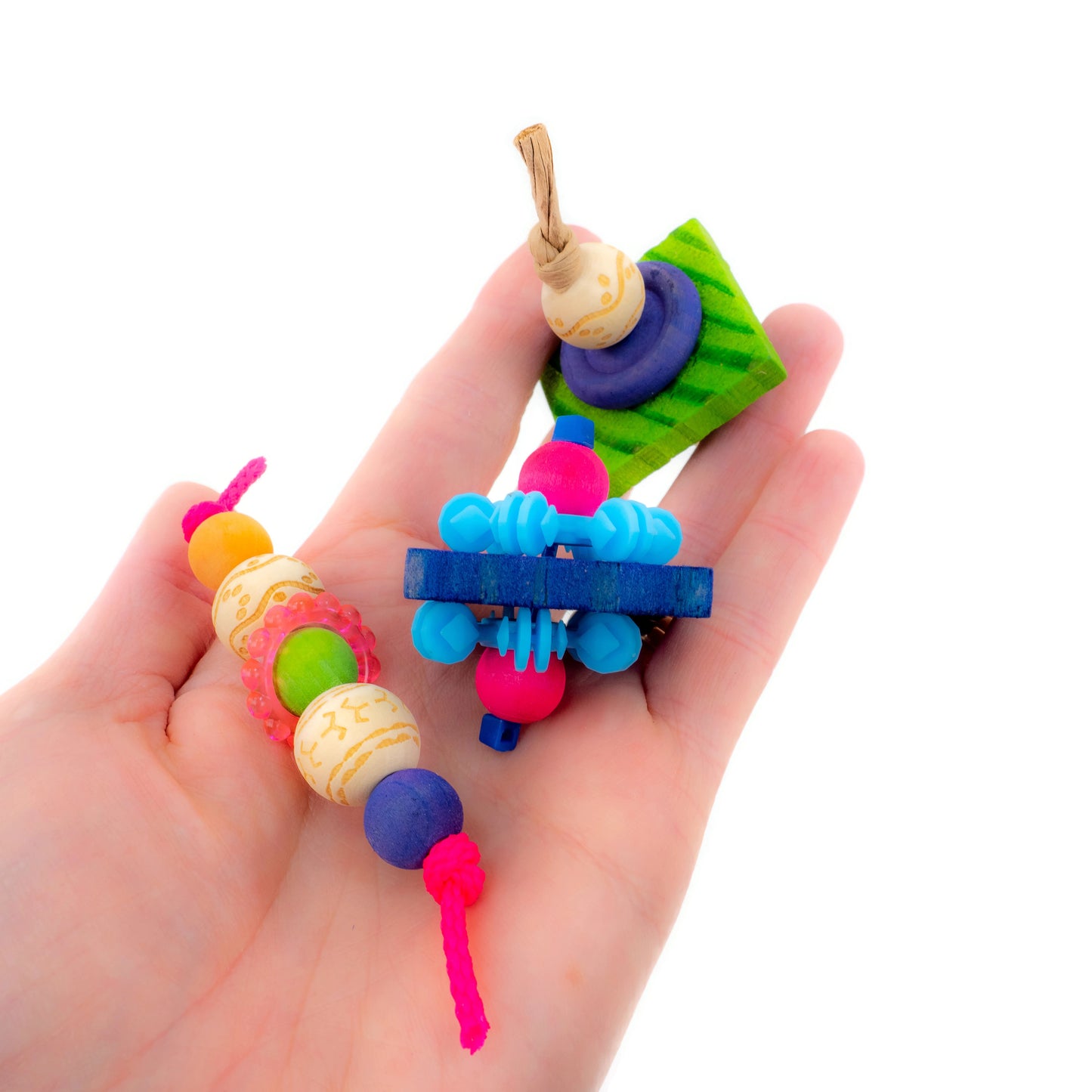 Three colorful foot toys for small birds.