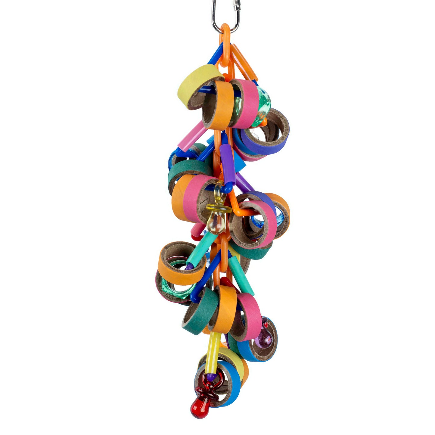 A colorful hanging bird toy with paper rings and a chain of pacifiers for shredding.