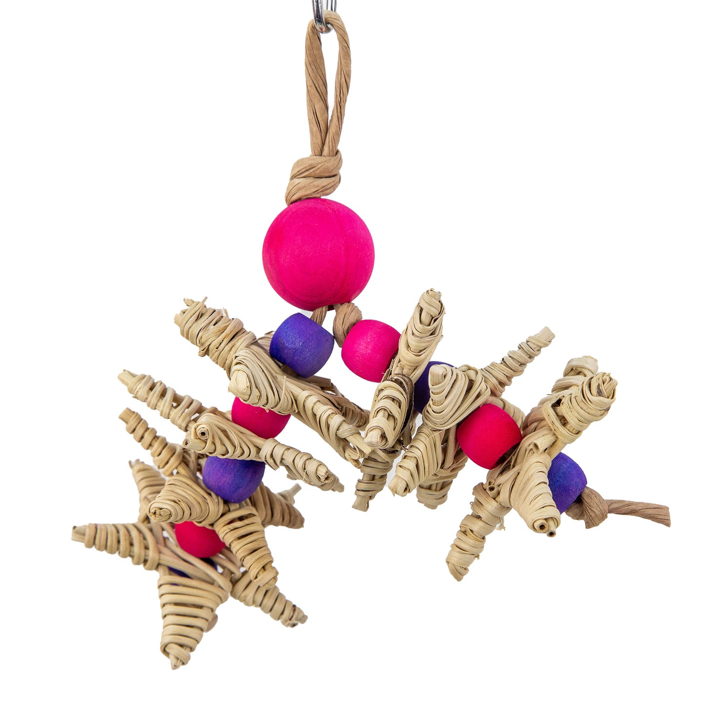 Wicker and Wood Bird Toy with colorful wood beads alternating with wicker stars.