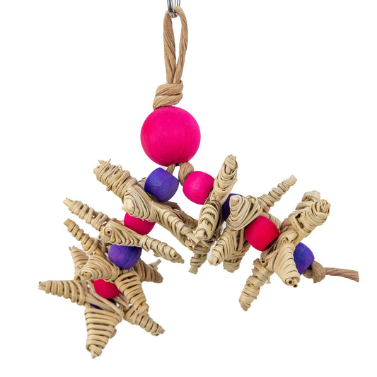 Wicker and Wood Bird Toy with colorful wood beads alternating with wicker stars.
