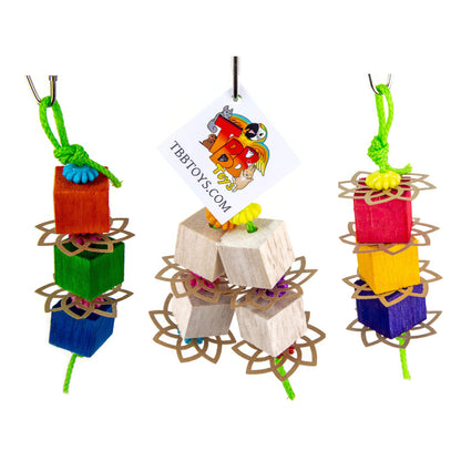 Colorful bird toy with wooden blocks and colorful ropes on a white background