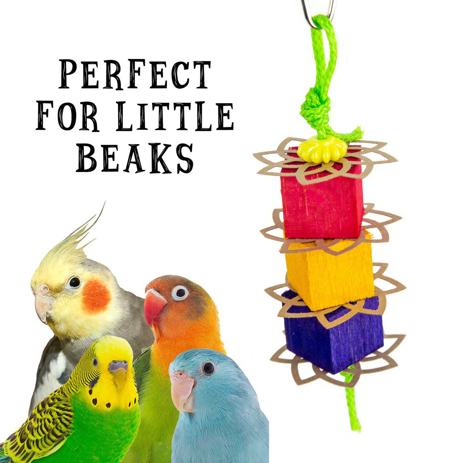 Colorful balsa block bird toy with text 'Perfect for Little Beaks' and four small birds in front.