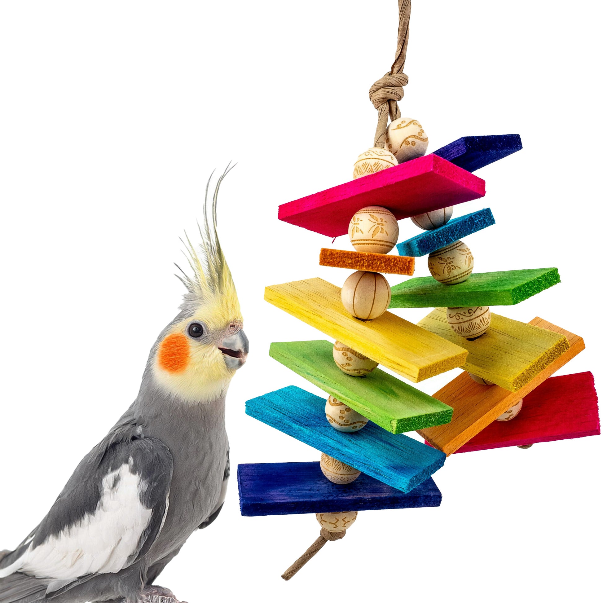 This colorful bird toy is perfect for cockatiels and similar sized birds.