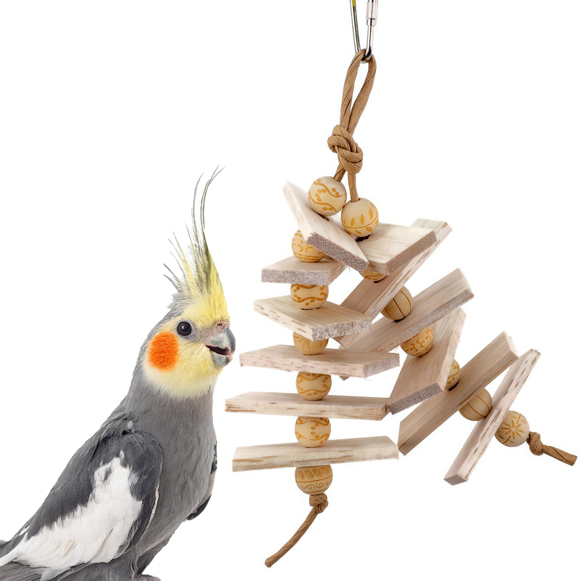 A cockatiel reaches out to a balsa bird toy.