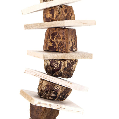 The rich brown cork like texture of natural mahogany pods and creamy color of the balsa make this a beautiful bird toy.
