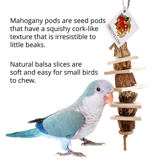 Features of this bird toy include soft materials for easy chewing. The toy is sized perfectly for Quaker parrots and similar sized small birds.