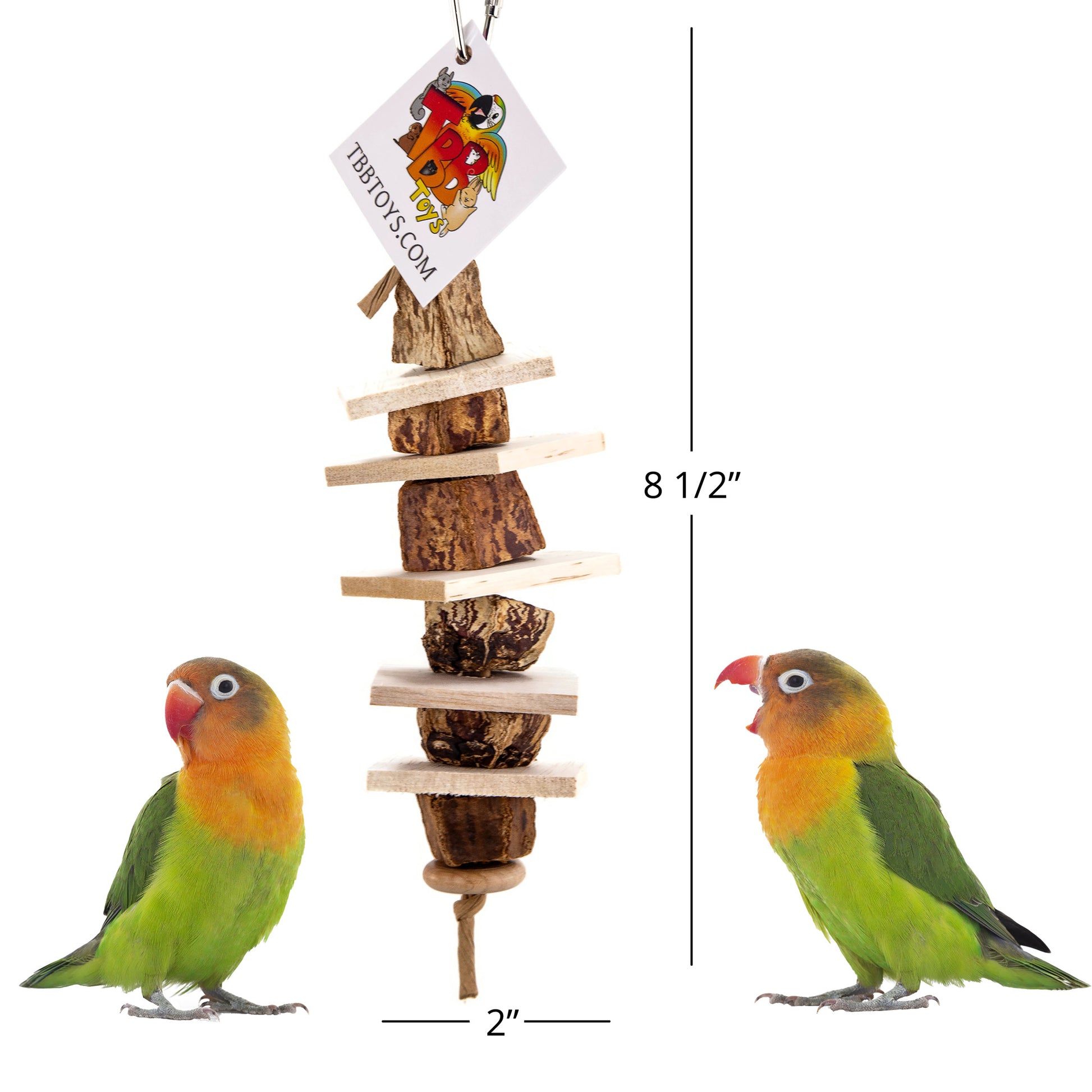 This bird toy measures approximately 8 inches long by 2 inches wide, perfectly sized for small birds.
