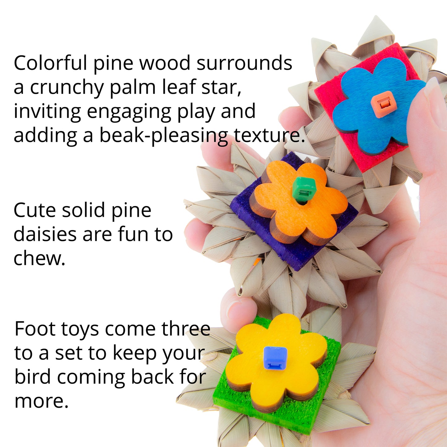 Palm leaf and wood foot shown in a hand. 3 toys per pack.