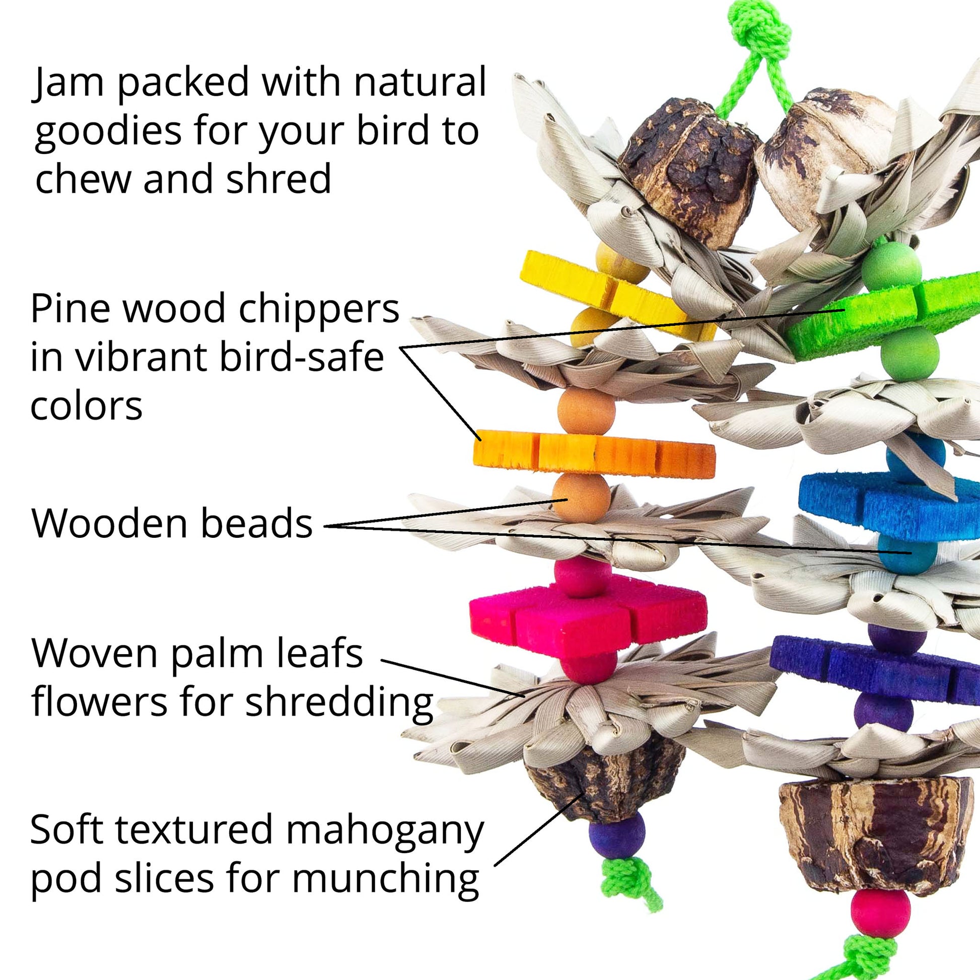 Bird toy with pine wood chippers, wooden beads, woven palm leaves, and mahogany pod slices on a white background.