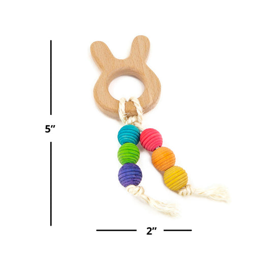 Wooden teething ring with colorful beads and measurement markers showing it's 5x2 inches in size.