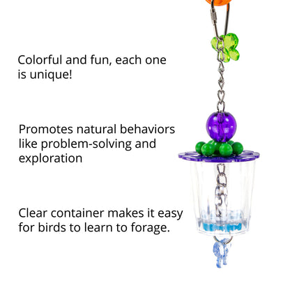 Bird toy with colorful beads and clear container on a white background