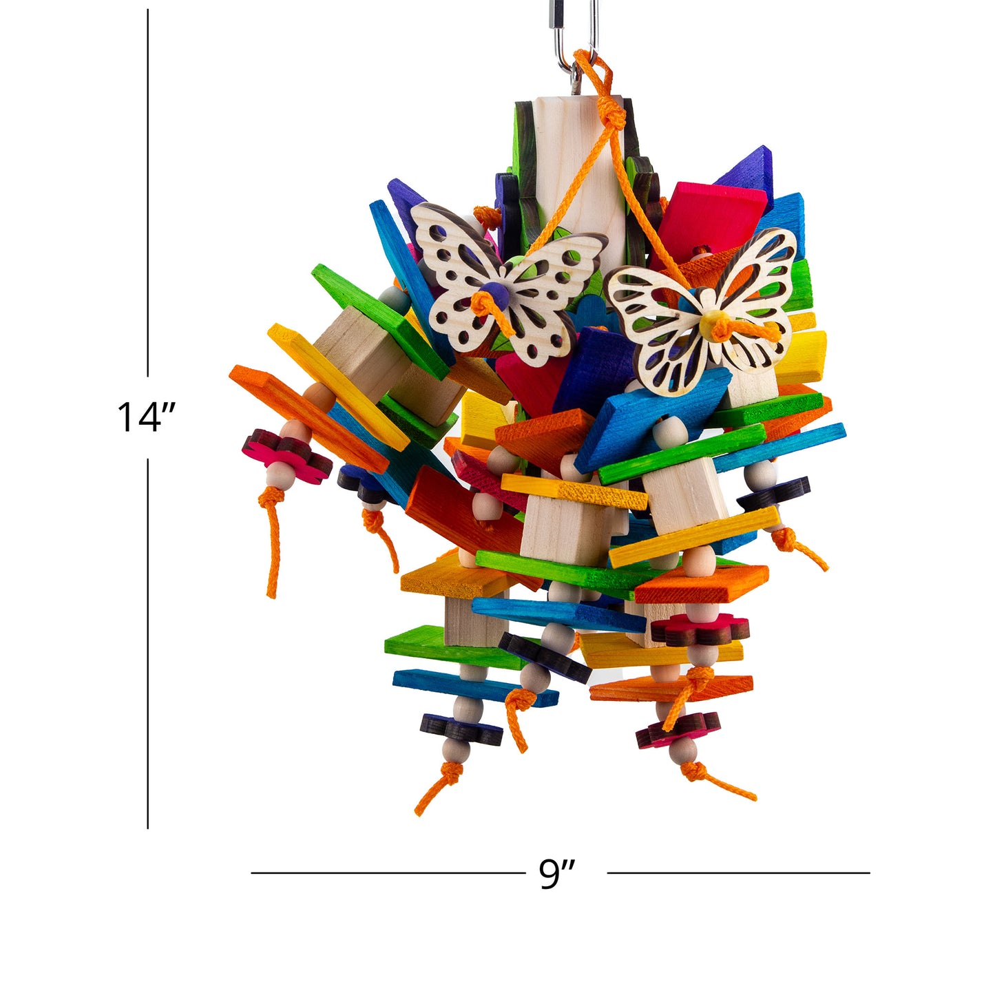 Bird toy measures 14" tall by 9 inches across.