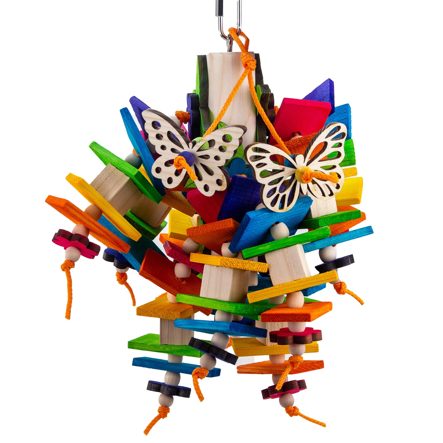 Colorful Pine wood bird toy with natural and colored blocks and slats featuring flower and butterfly shaped wood decorations.