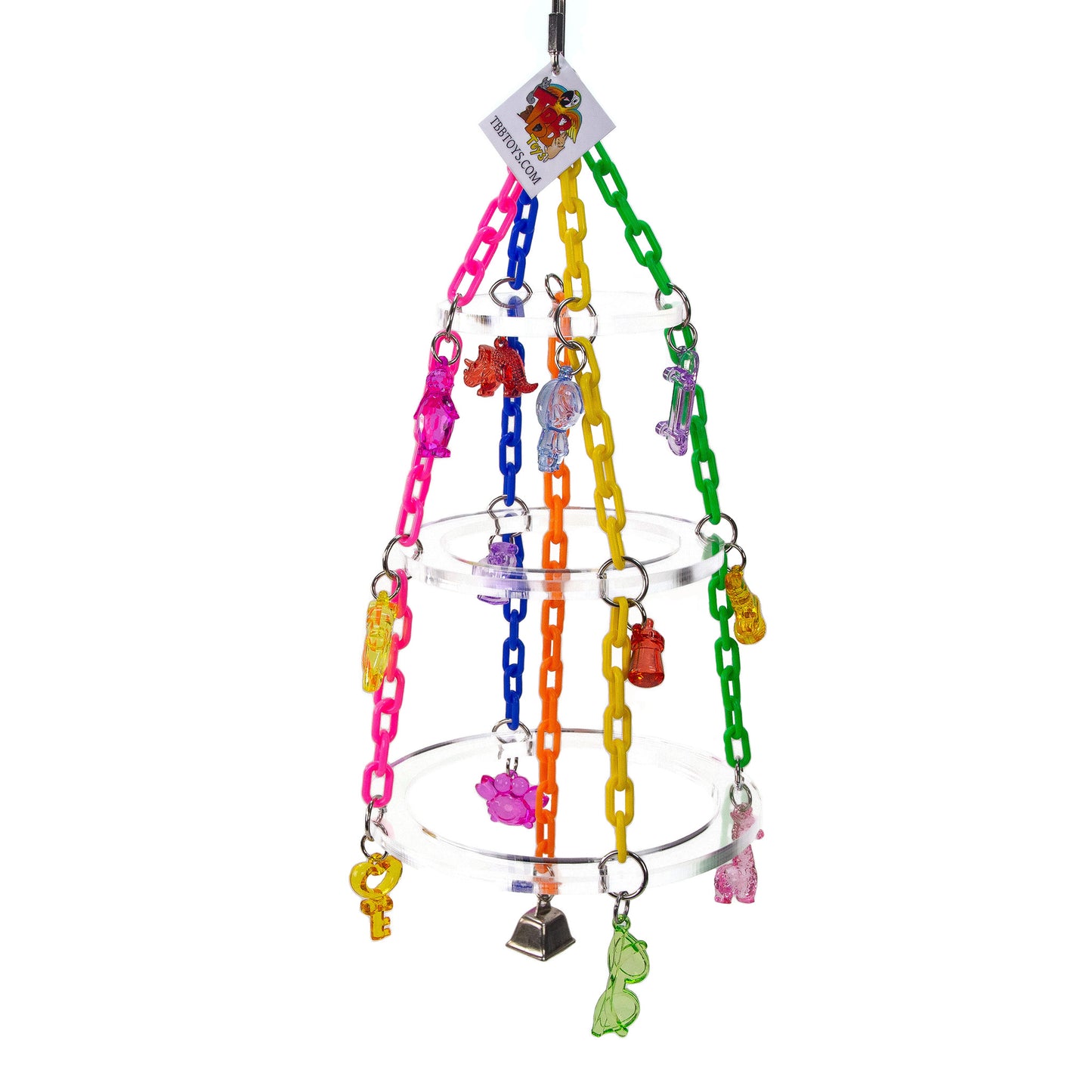 The treetop chandelier bird toy is a full on activity center that swings and is made for sturdy toy parts to ensure a long life.