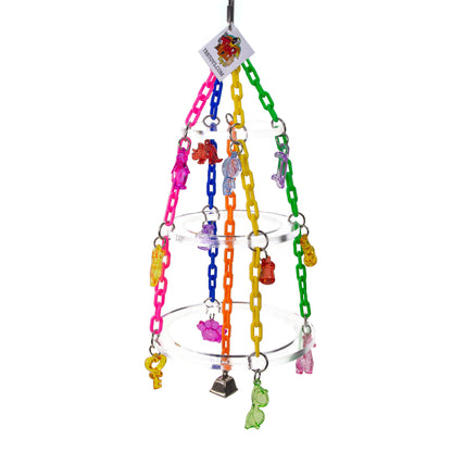 The treetop chandelier bird toy is a full on activity center that swings and is made for sturdy toy parts to ensure a long life.