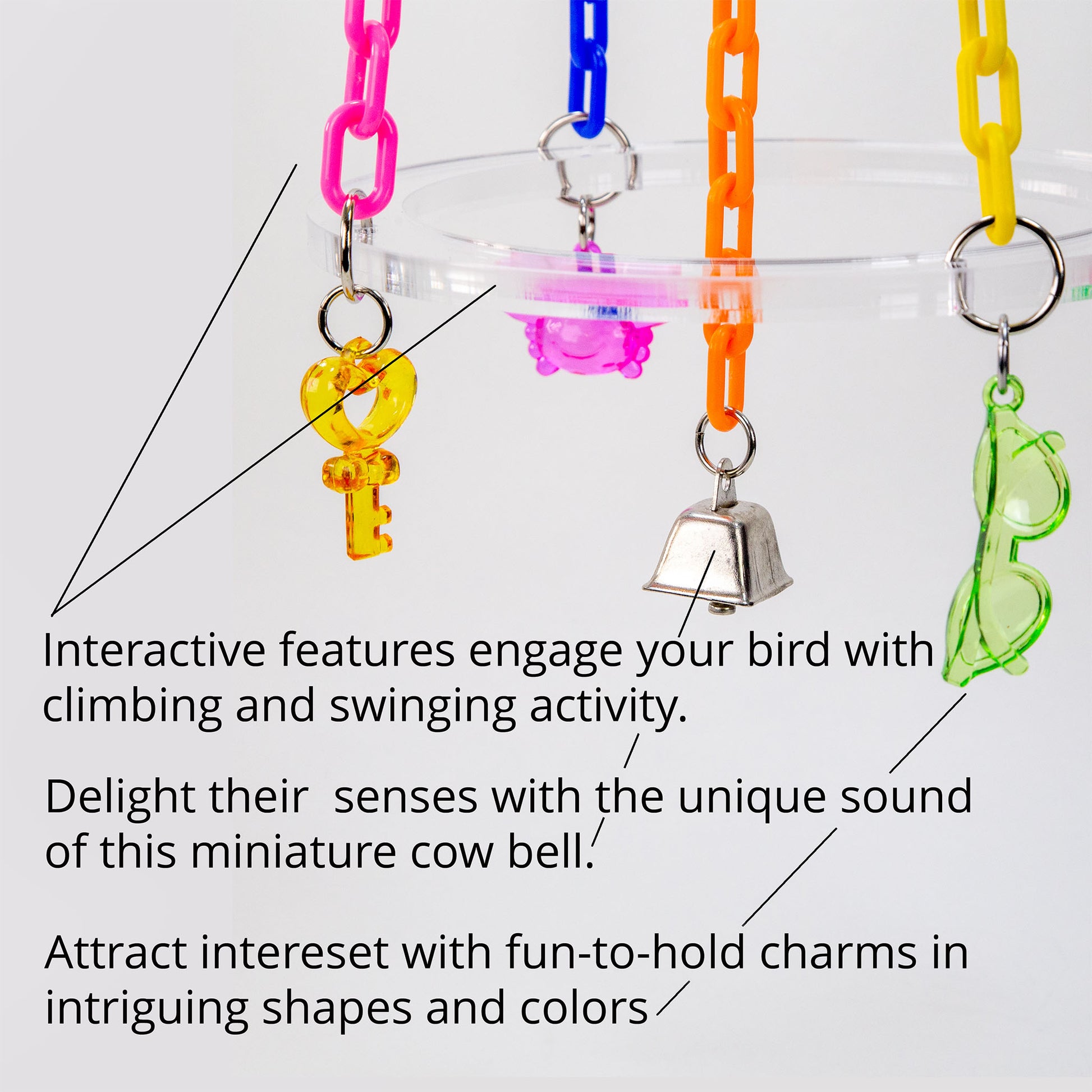 This bird toy features climbing and perching areas, a bell and colorful charms and plastic chains.