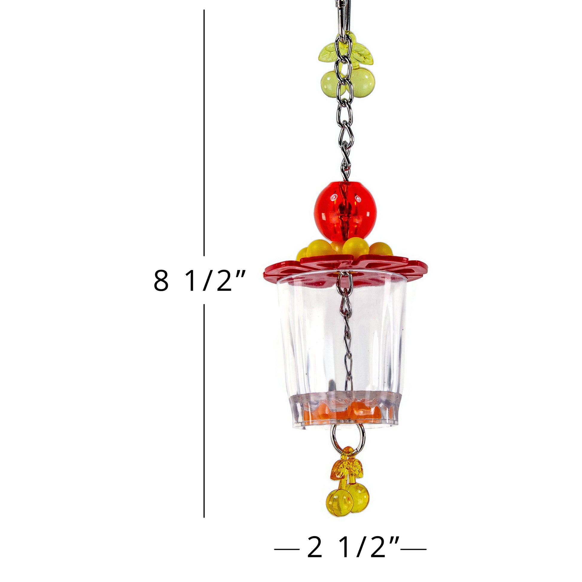The bird toy is about 8 1/2 inches long and 2 1/2 inches wide.