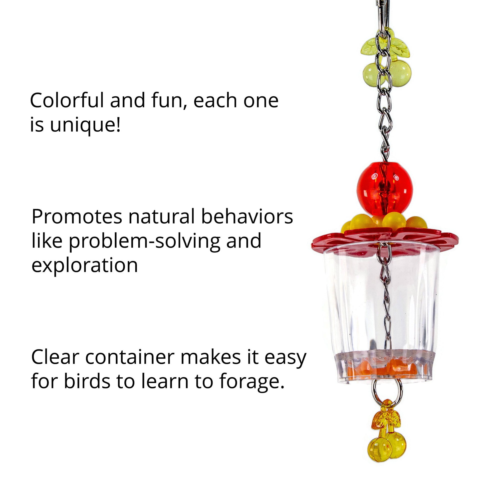 The foraging toy features a transparent food cup and colorful decorations.