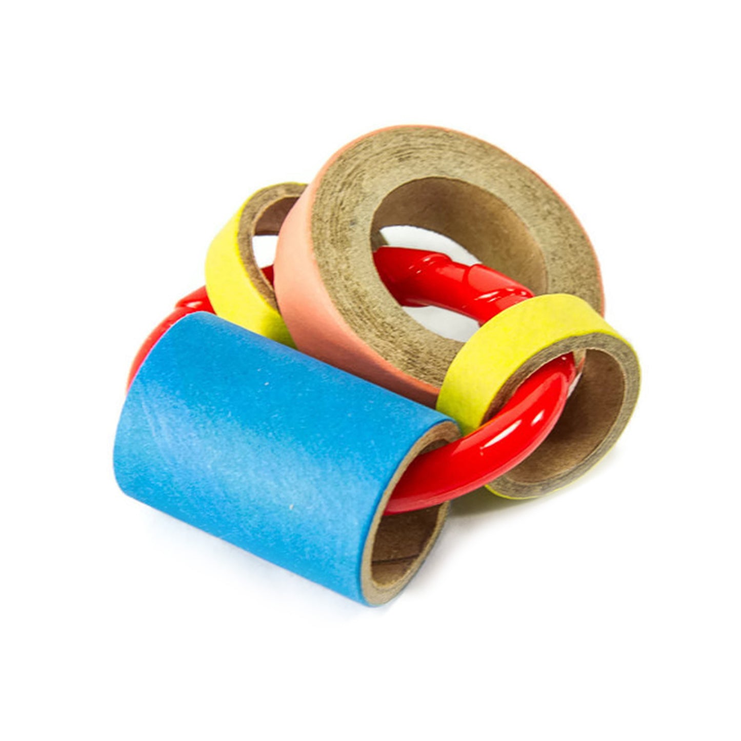 4 colorful birdie bagels on a plastic ring.