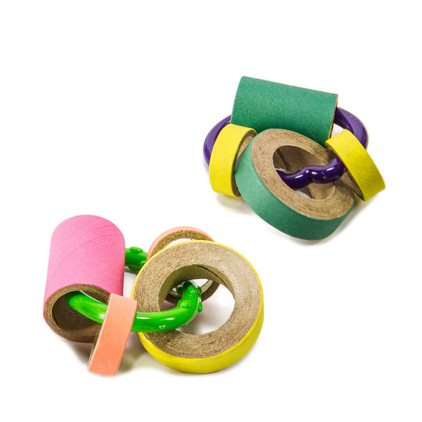 Colorful birdie bagels on a plastic ring, set of two.
