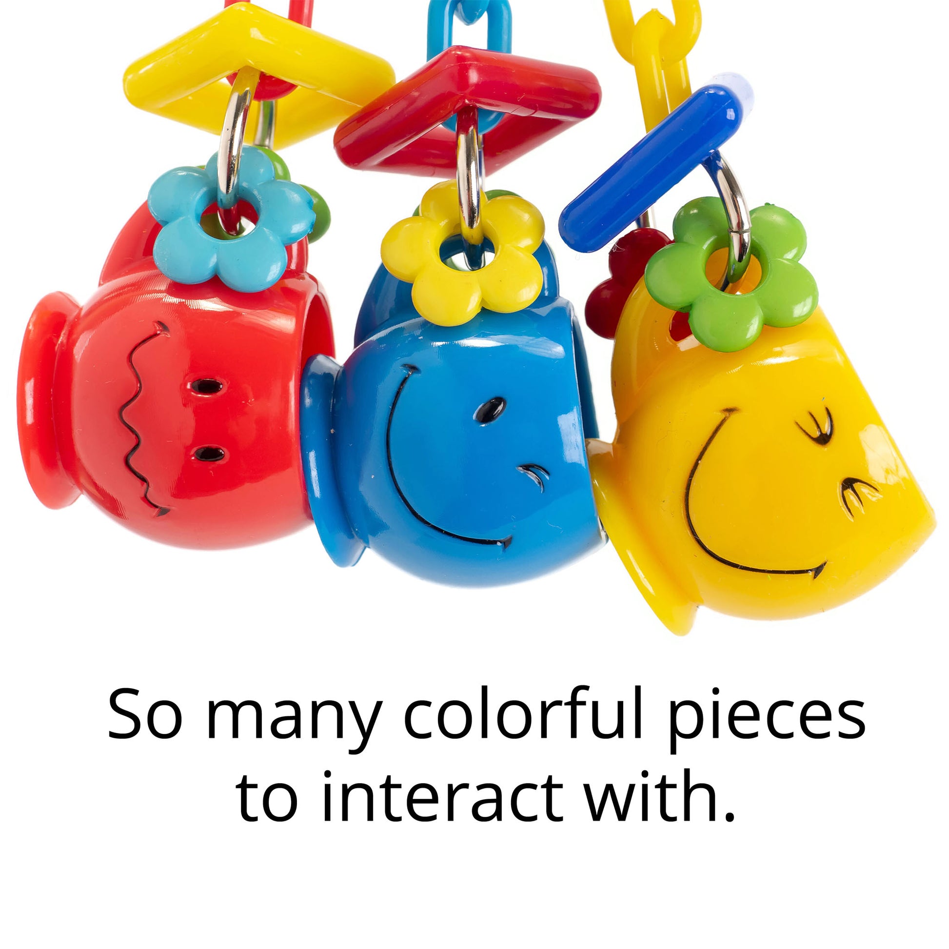 The bird toy features many colorful parts to interact with.