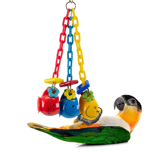 Perfect for caiques who love to play on their backs, hang above a flat surface so they can kick it with their feet.