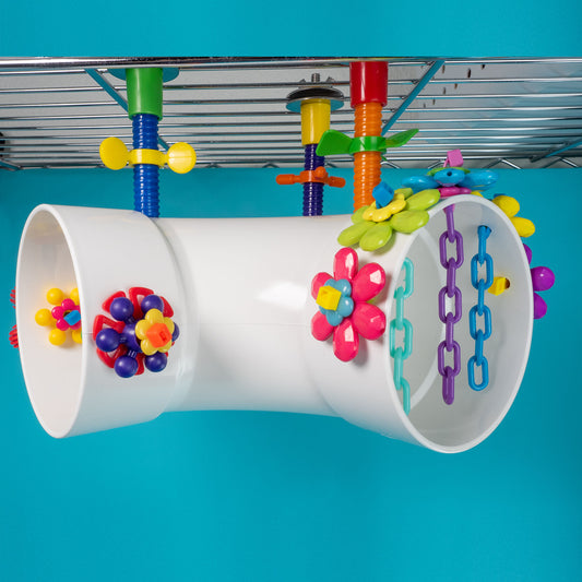 Colorful bird toy with tunnels and interactive elements. Hangs from the inside top of cage.