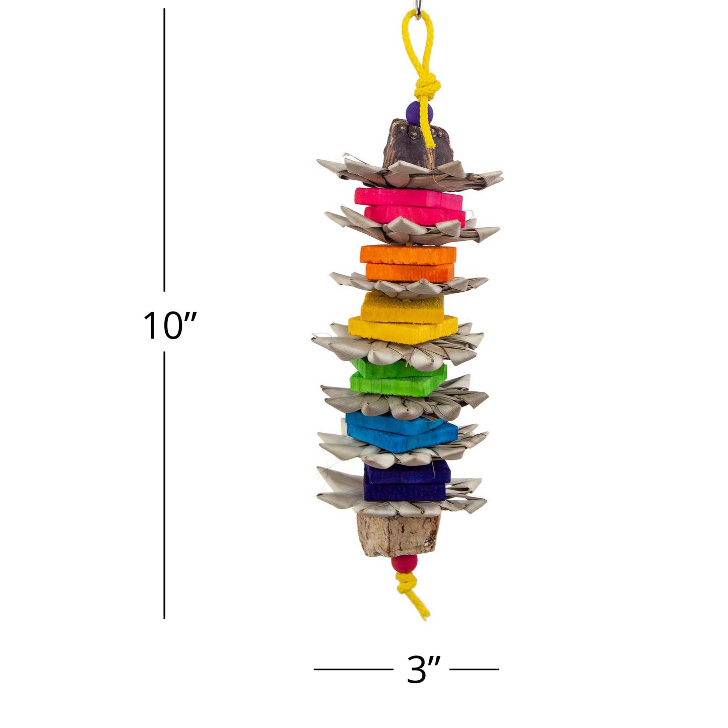 This bird toy measures 10 inches long by 3 inches wide.