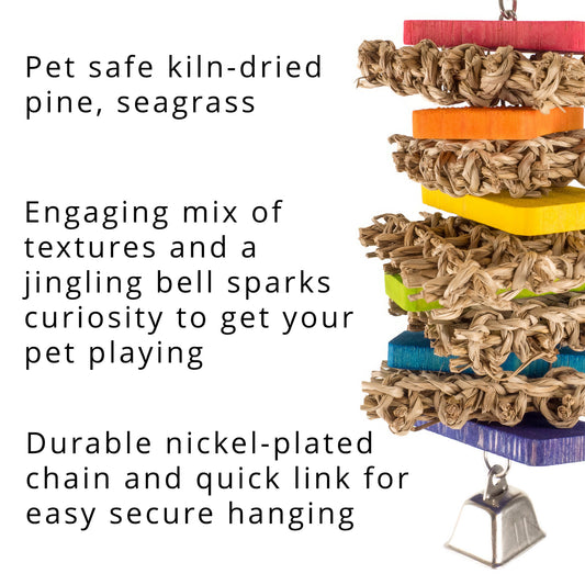 Colorful pet toy with seagrass and a jingling bell on a white background. Text explaining that is has pet safe materials that spark and inspire play. Easy to attach to cage.