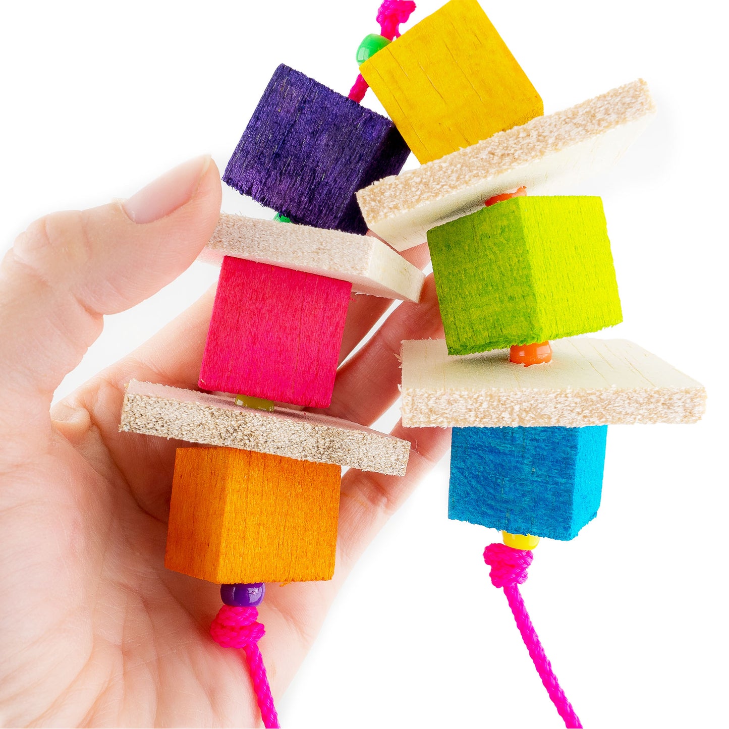 Colorful hanging bird toy with 6 balsa cubes, 4 balsa square on two strands.