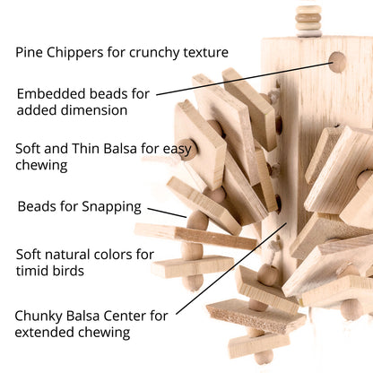 Wooden bird toy with labeled features on a white background