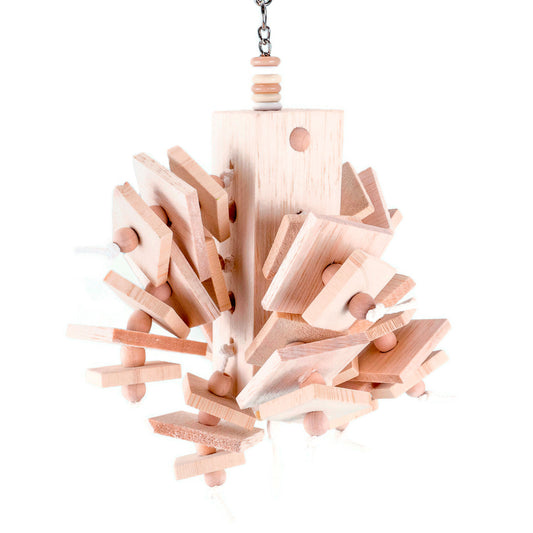 Chunky block of balsa suspended from a chain, embedded with beads and strung with additional balsa and pine pieces.