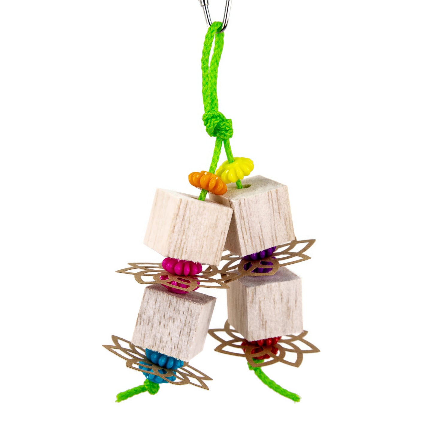 Balsa cubes strung on plastic poly rope alternating with fun paper cut outs and colorful plastic beads.