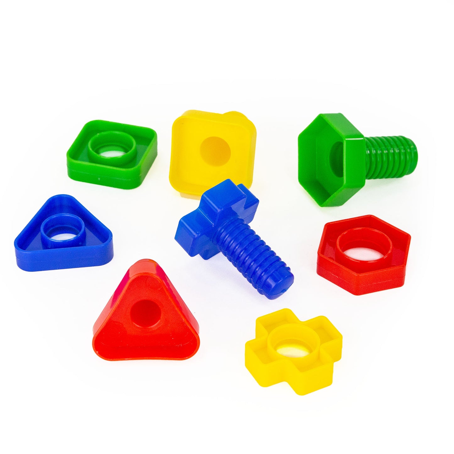 Colorful plastic nuts and bolts.