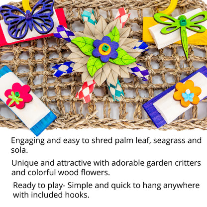 Featuring palm leaf, sola and adorable wooden garden critter cut outs.