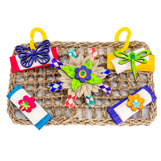 Seagrass busy mat with wood and natural elements. Featuring wood flower, dragonfly and butterfly cut-outs.