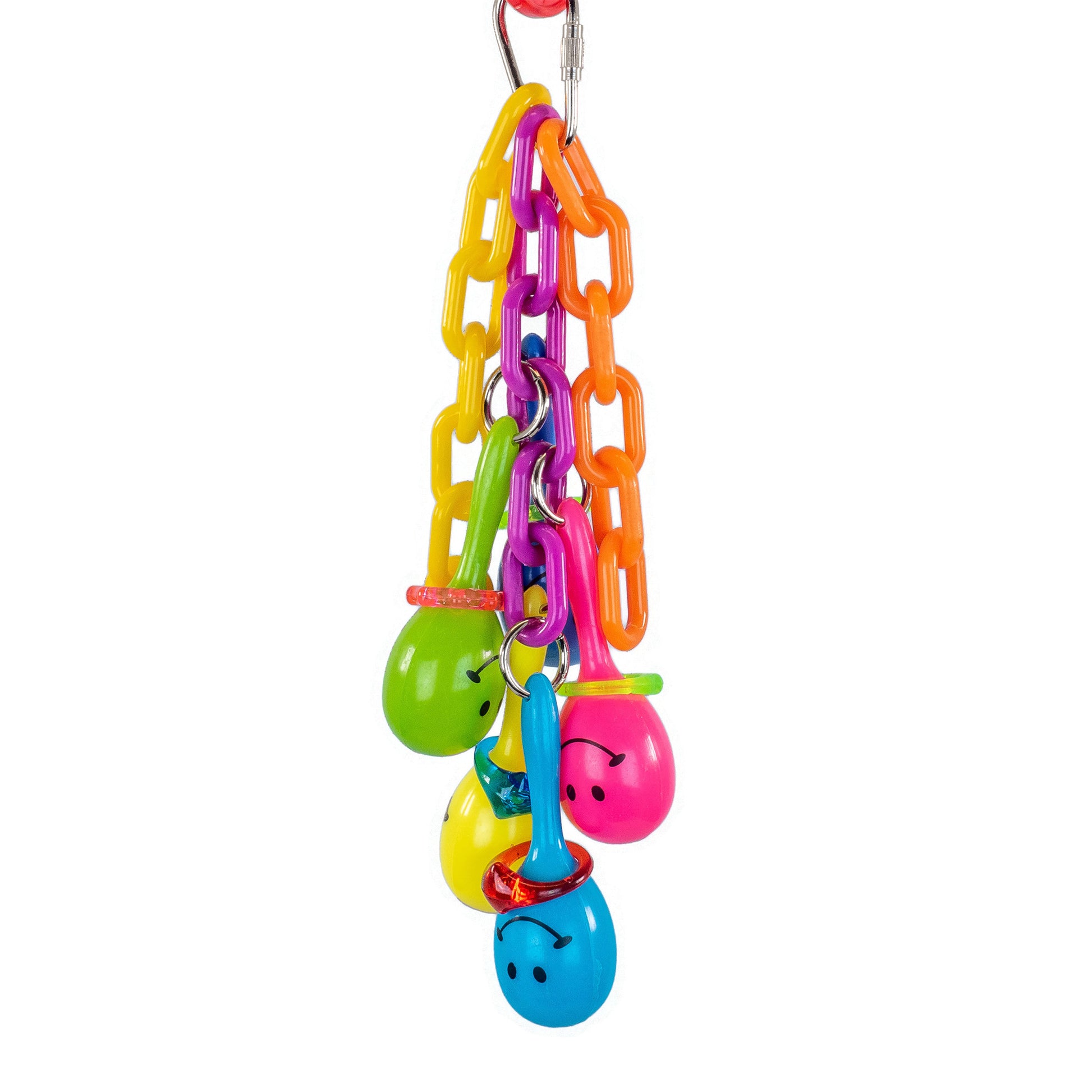 Colorful bird featuring plastic chain and colorful maracas with smiley faces on them.