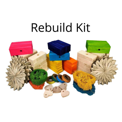 Rebuild kit for the bird toy, including wood blocks, palm leaf flowers, bagels, loofah and wood hearts.