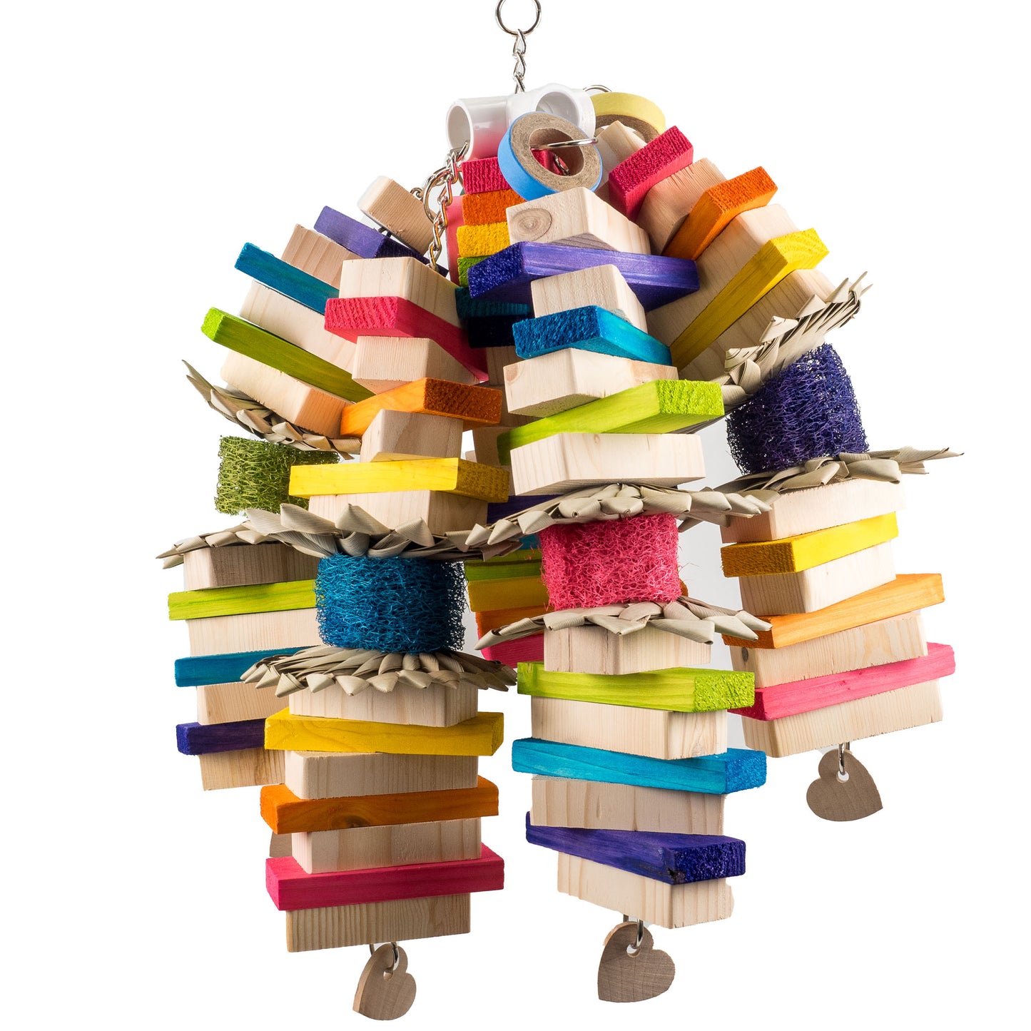 Colorful wooden bird toy with various textures on a white background