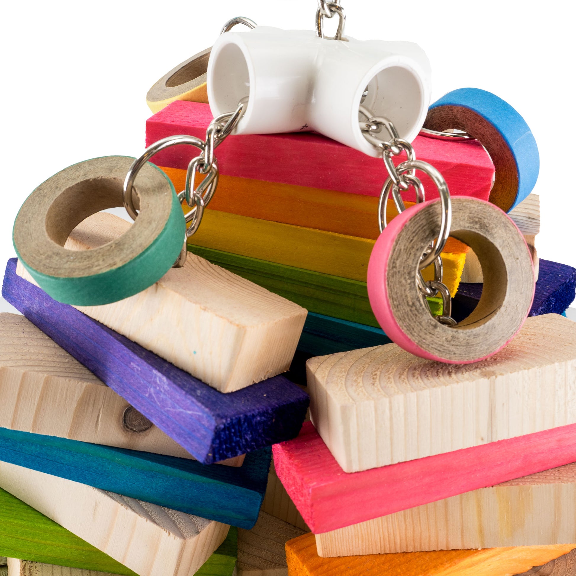 Top view of the toy with blocks, bagels and chain attachments.
