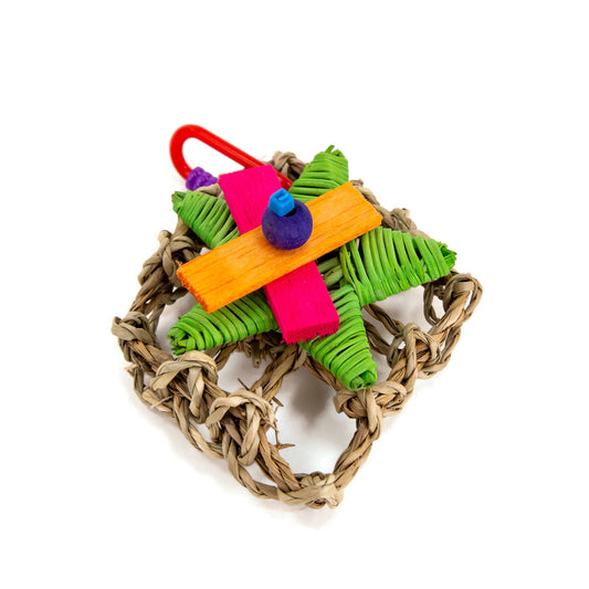 Bird toy with seagrass, balsa and star shaped wicker materials.