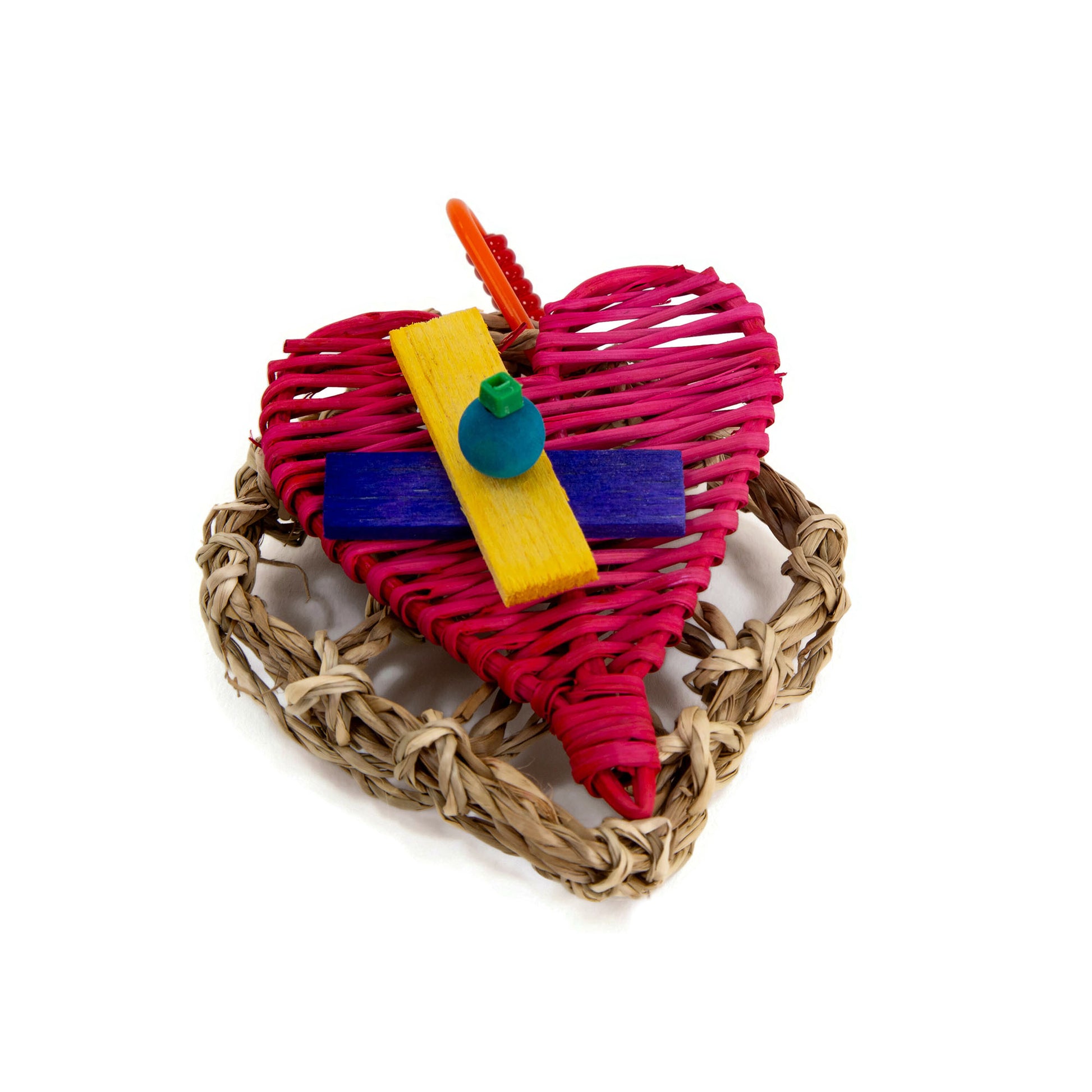Bird toy with seagrass, balsa and heart shaped wicker materials.