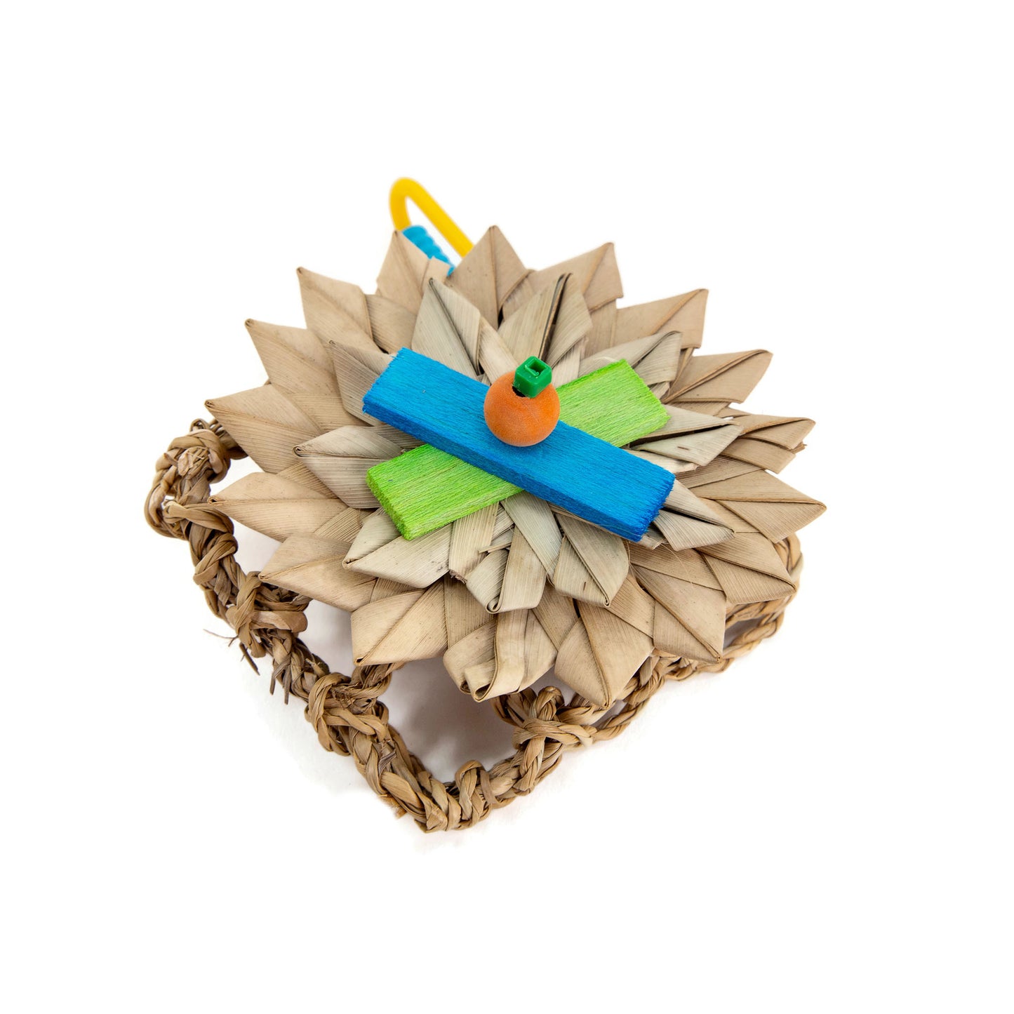 Bird toy with seagrass, balsa and palm leaf materials.
